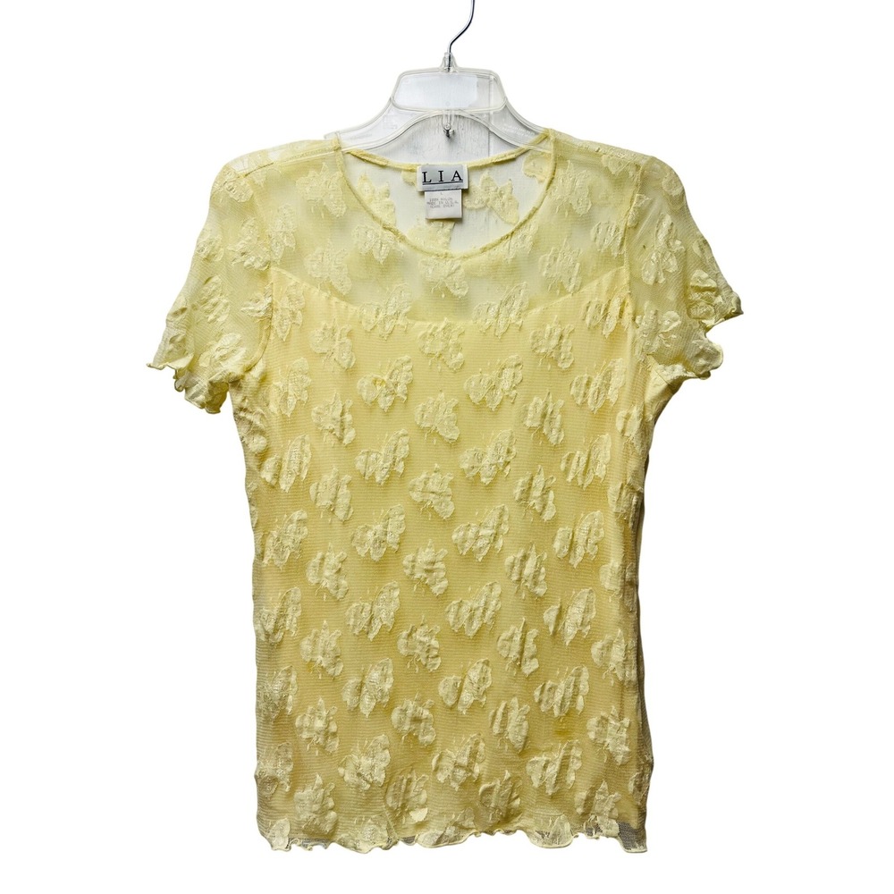 Vtg LIA Butterfly Mesh Top L Butter Yellow 90s Fairy Sheer Lettuce Edge Coquette